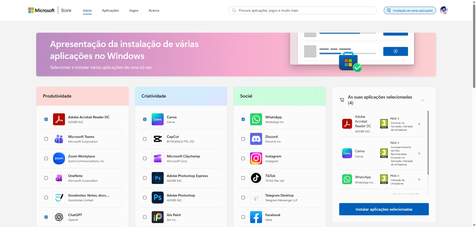 sistema da Microsoft store para instalar várias apps ao mesmo tempo