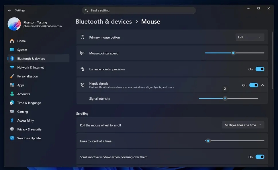 configurações do windows 11 com detalhes sobre toques hápticos