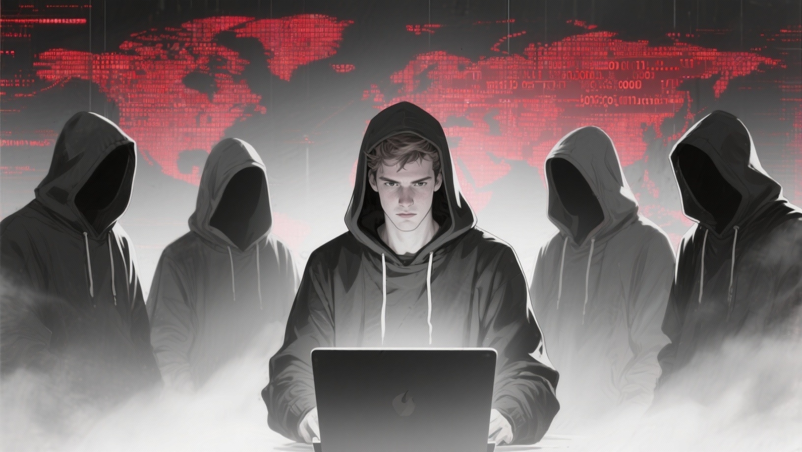 hacker em frente de computador e rodeado por outros hackers