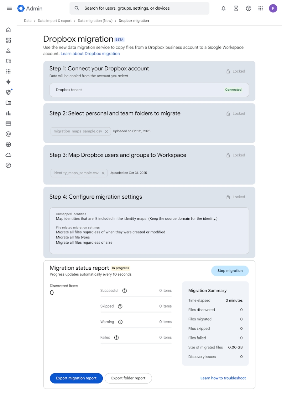 detalhes da migração do dropbox para google drive