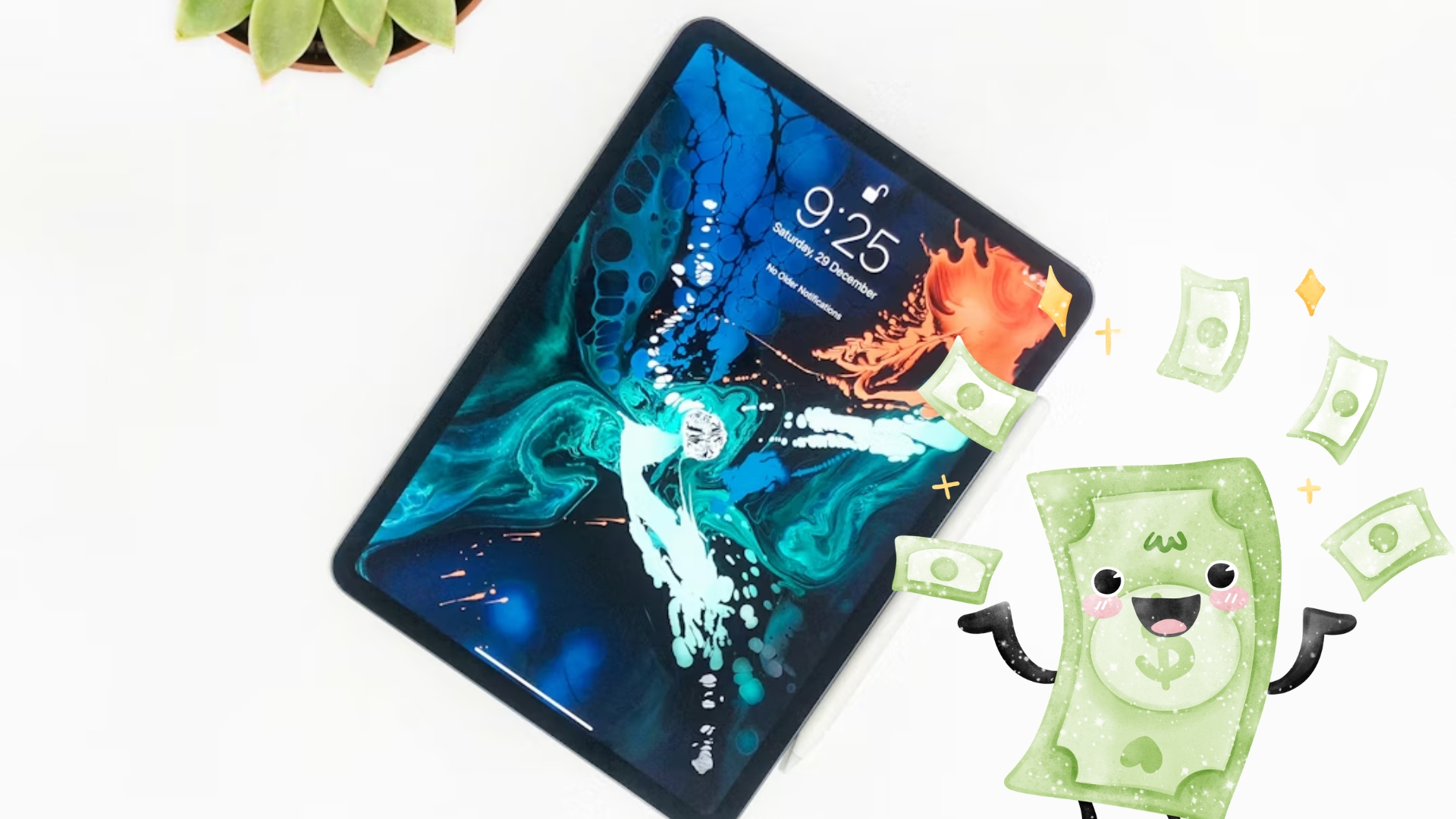 ipad com dinheiro ao lado