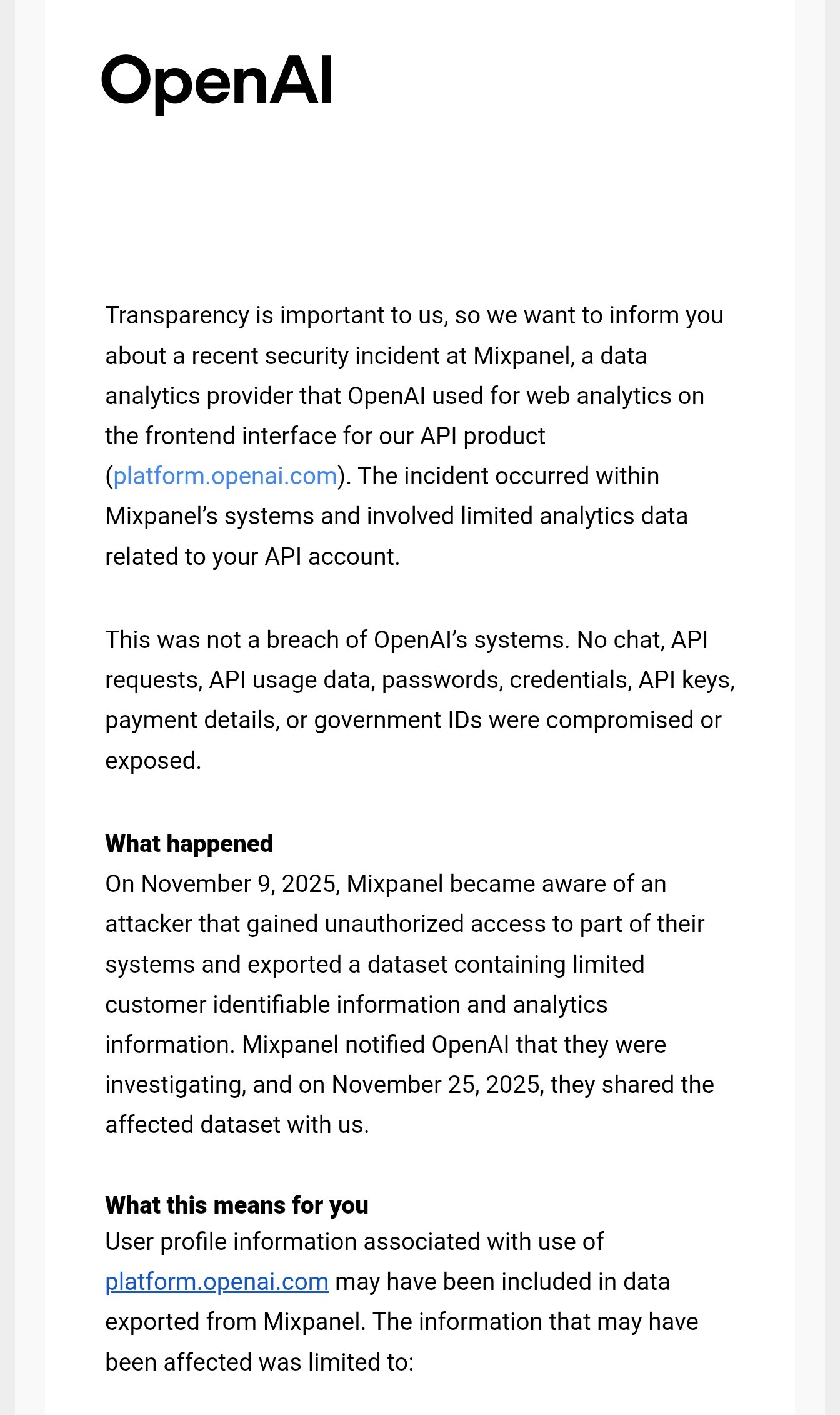 mensagem da openai enviada aos clientes