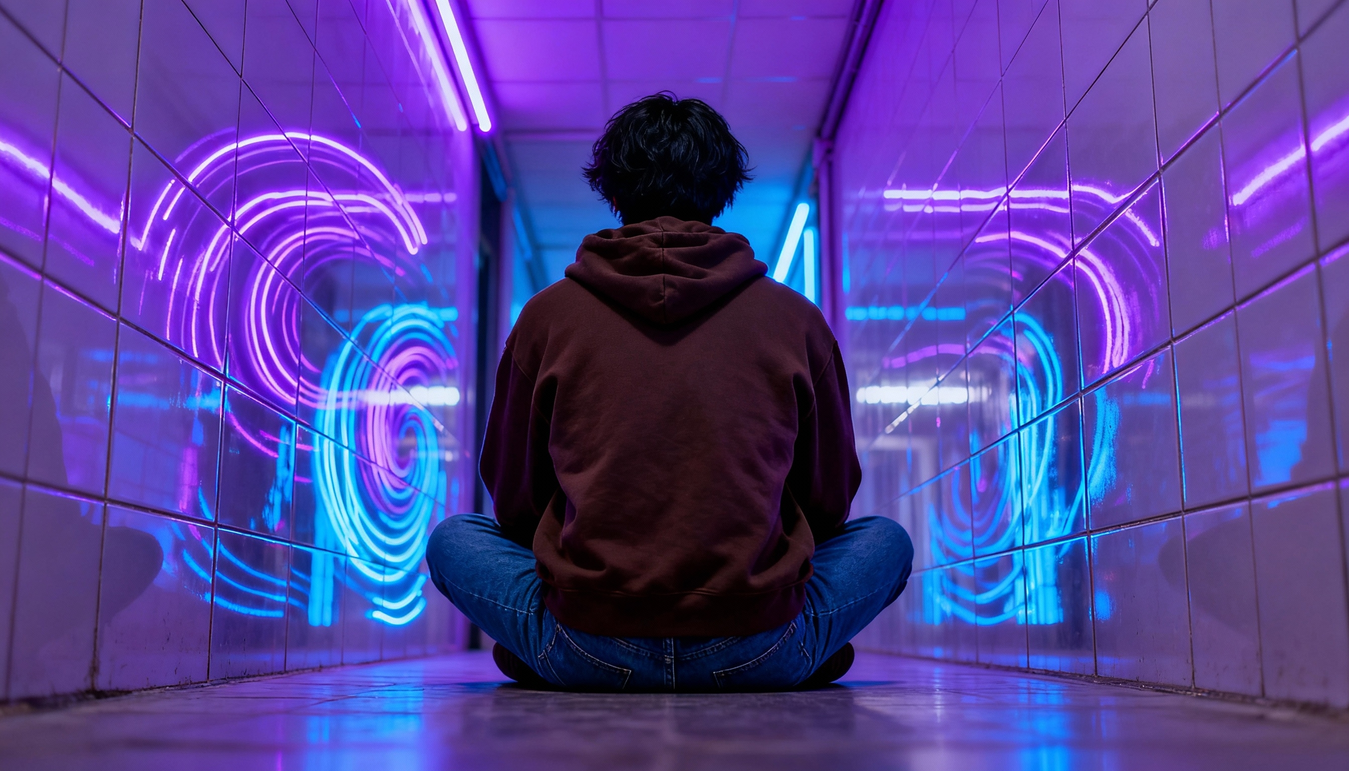 pessoa sentada no chão de um corredor iluminado