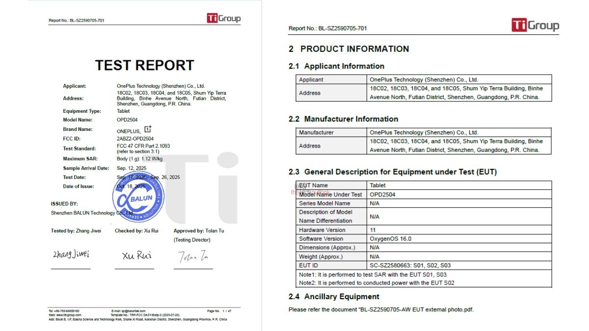 detalhes do registo do tablet da oneplus