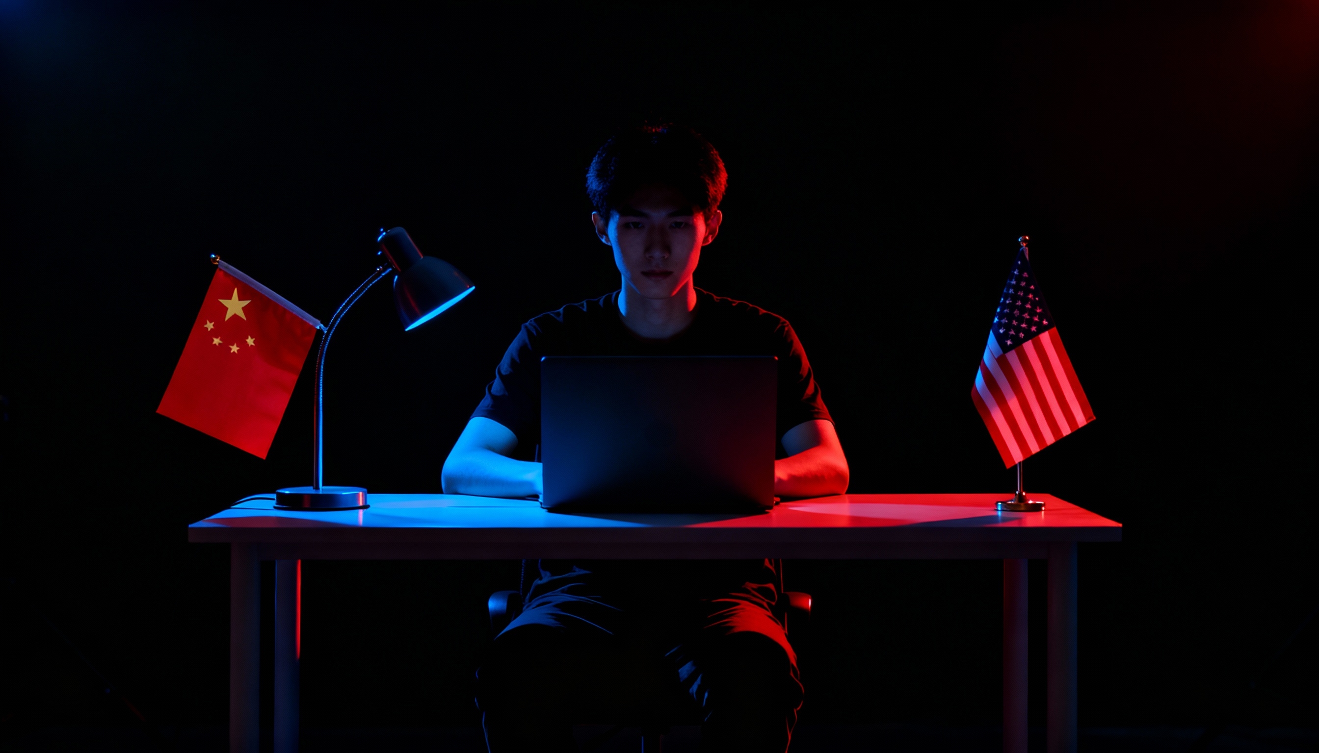 hacker com bandeiras dos EUA e China