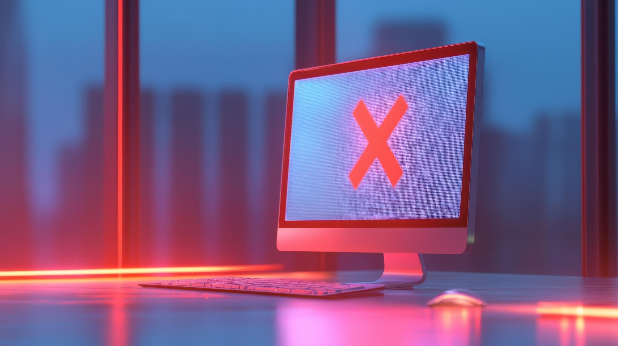 Computador com sinal de alerta de site em baixo