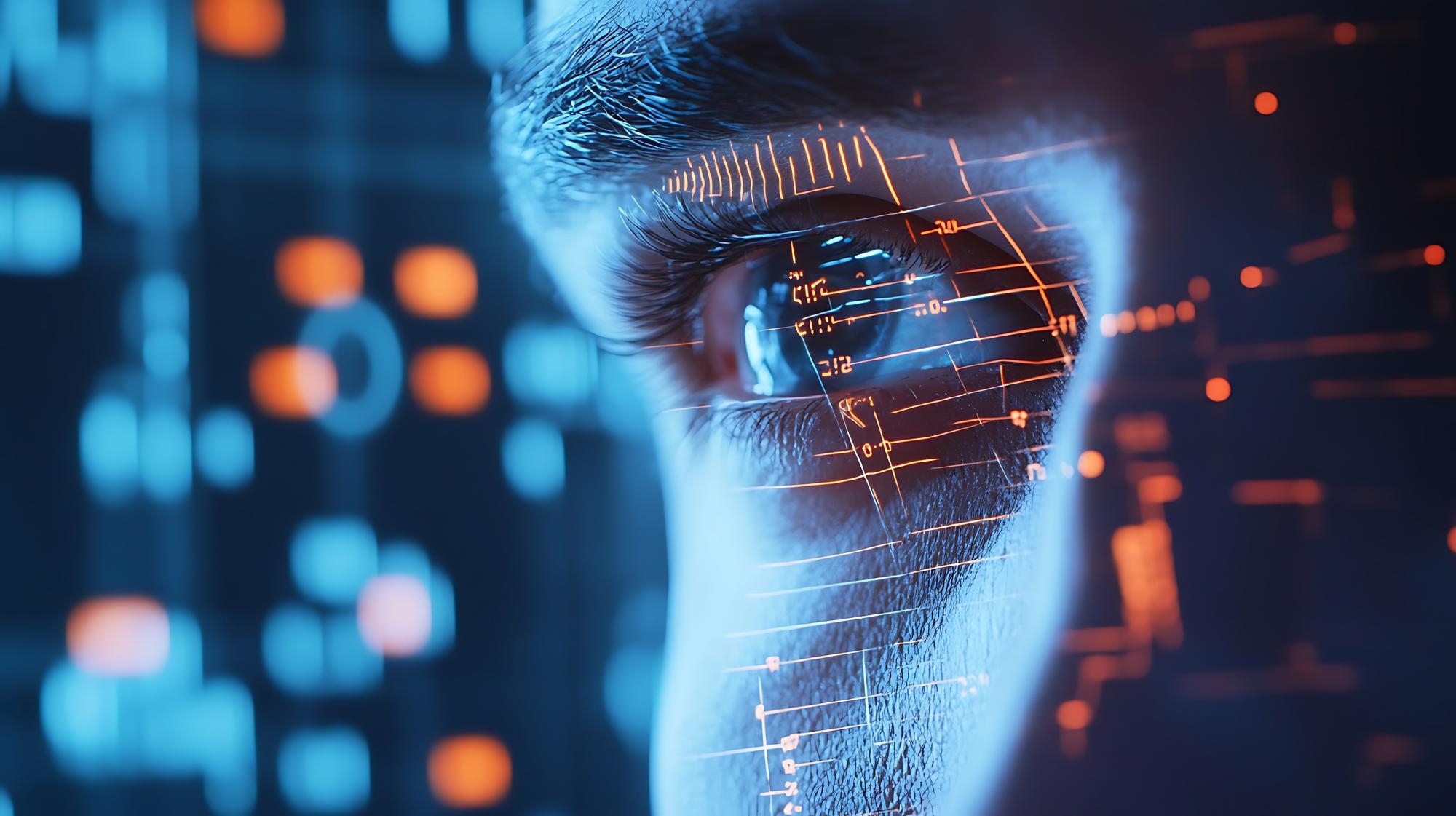 imagem criada por IA com olho humano em frente de interface