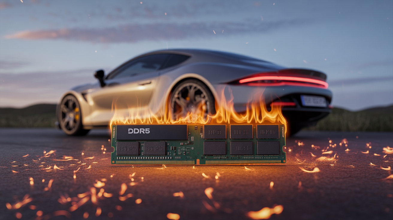 RAM DDR5 em fogo perto de um carro desportivo