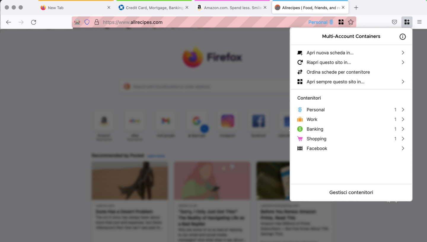 contentores diferentes para perfis no Firefox