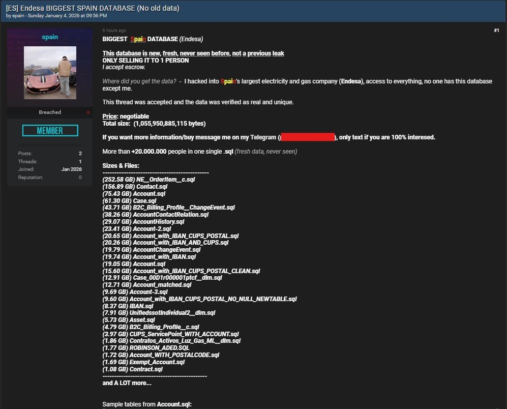detalhes sobre mensagem da venda de dados do hacker sobre endesa em espanha