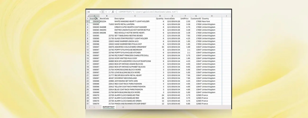 detalhes da funcionalidade de importação do excel