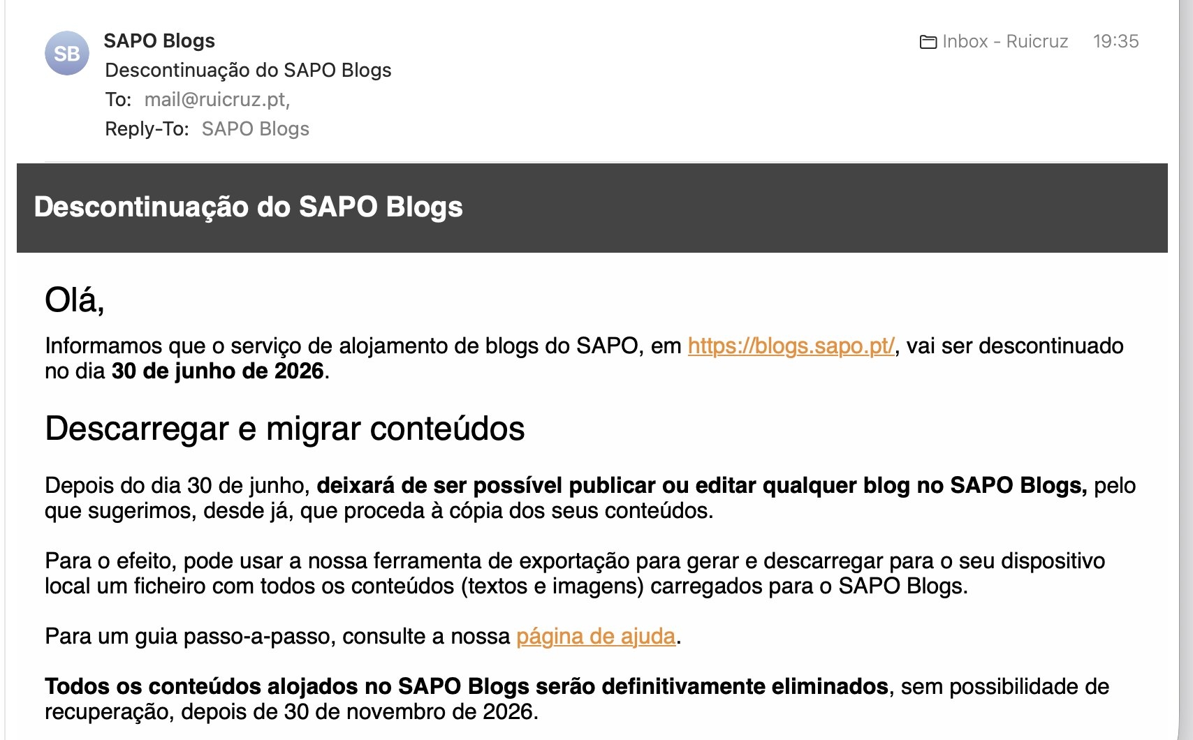 mensagem enviada para utilizadores