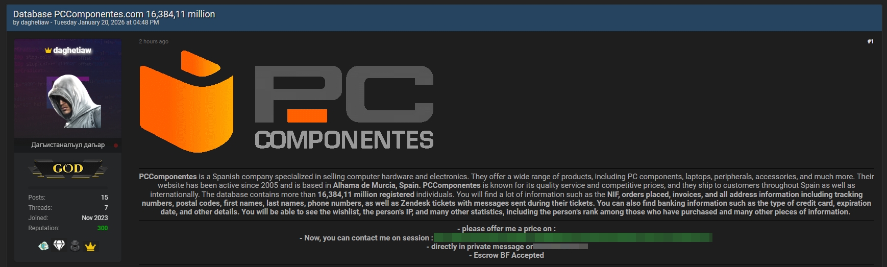 detalhes da mensagem da base de dados