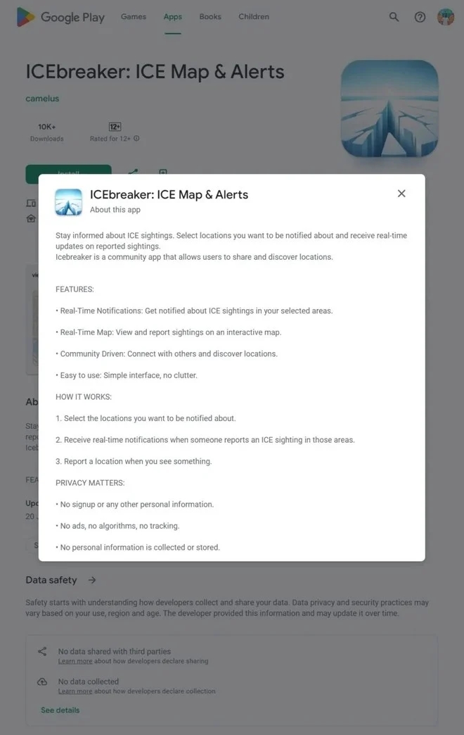 detalhes da aplicação na play store da google