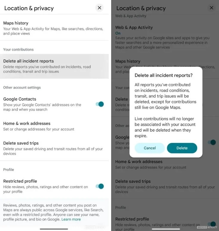 controlo sobre dados partilhados do google maps