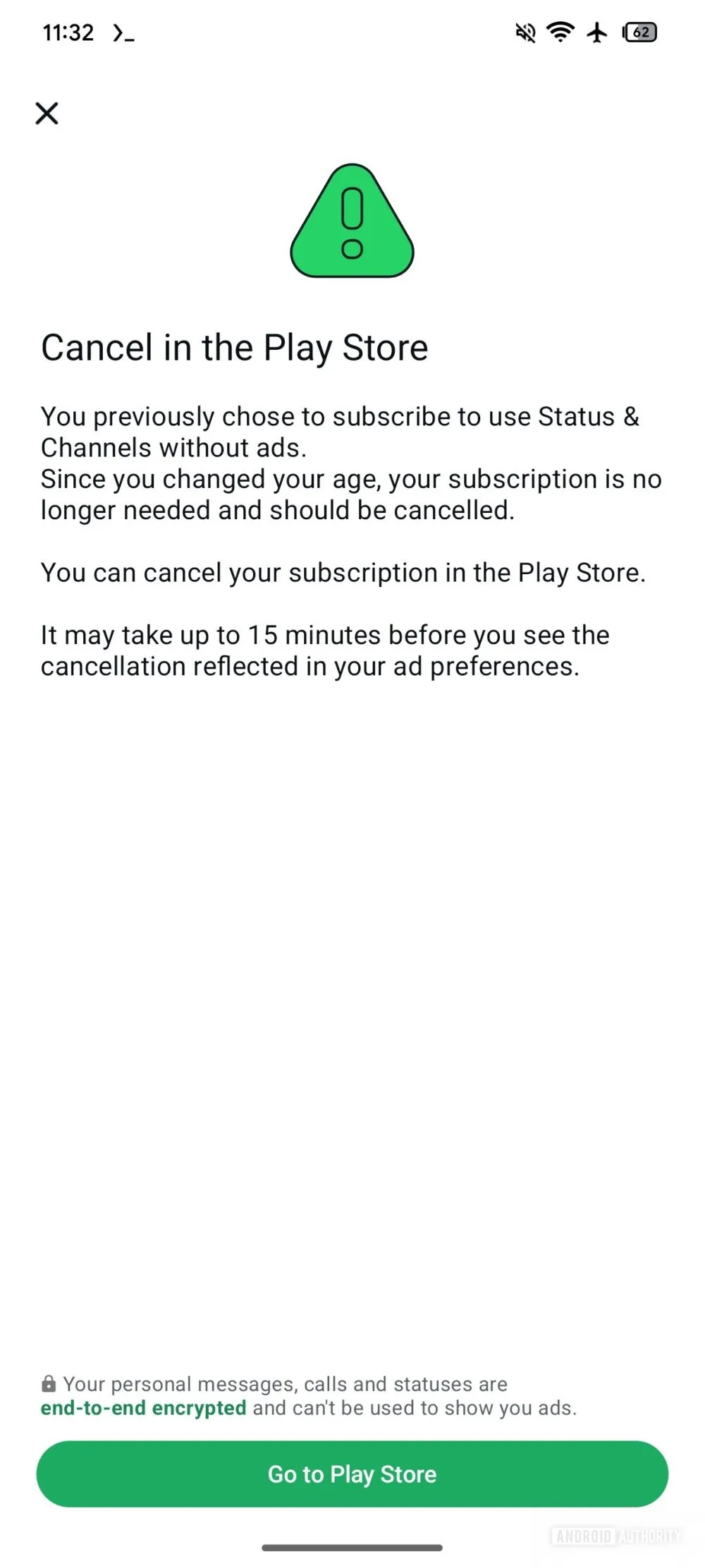 detalhes do cancelamento da subscrição do whatsapp no android