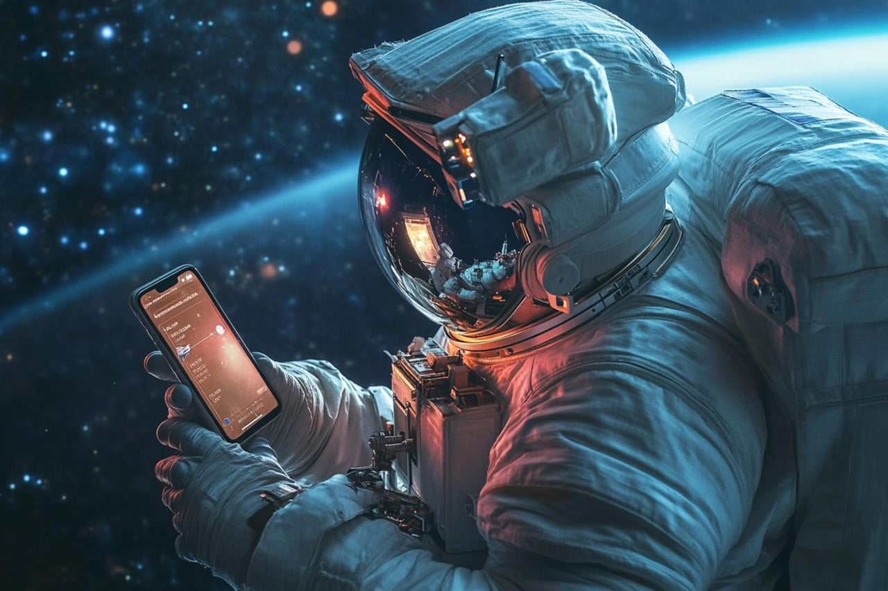astronauta com smartphone no espaço