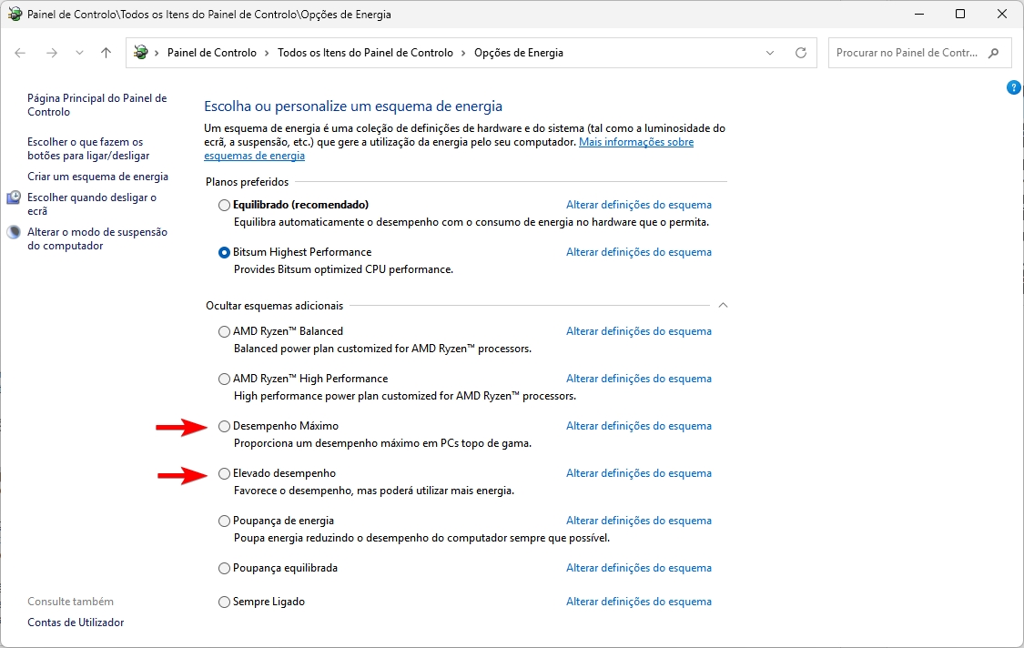 opções de desempenho