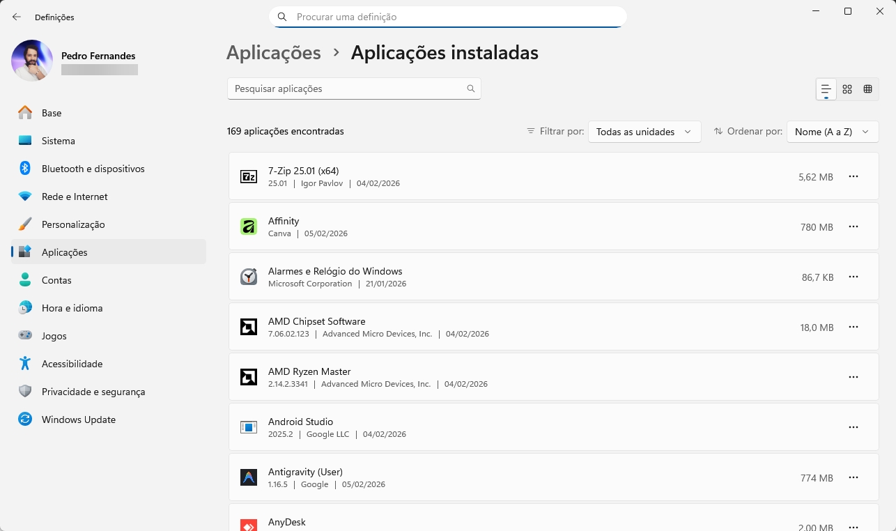 Aplicações instaladas no windows 11