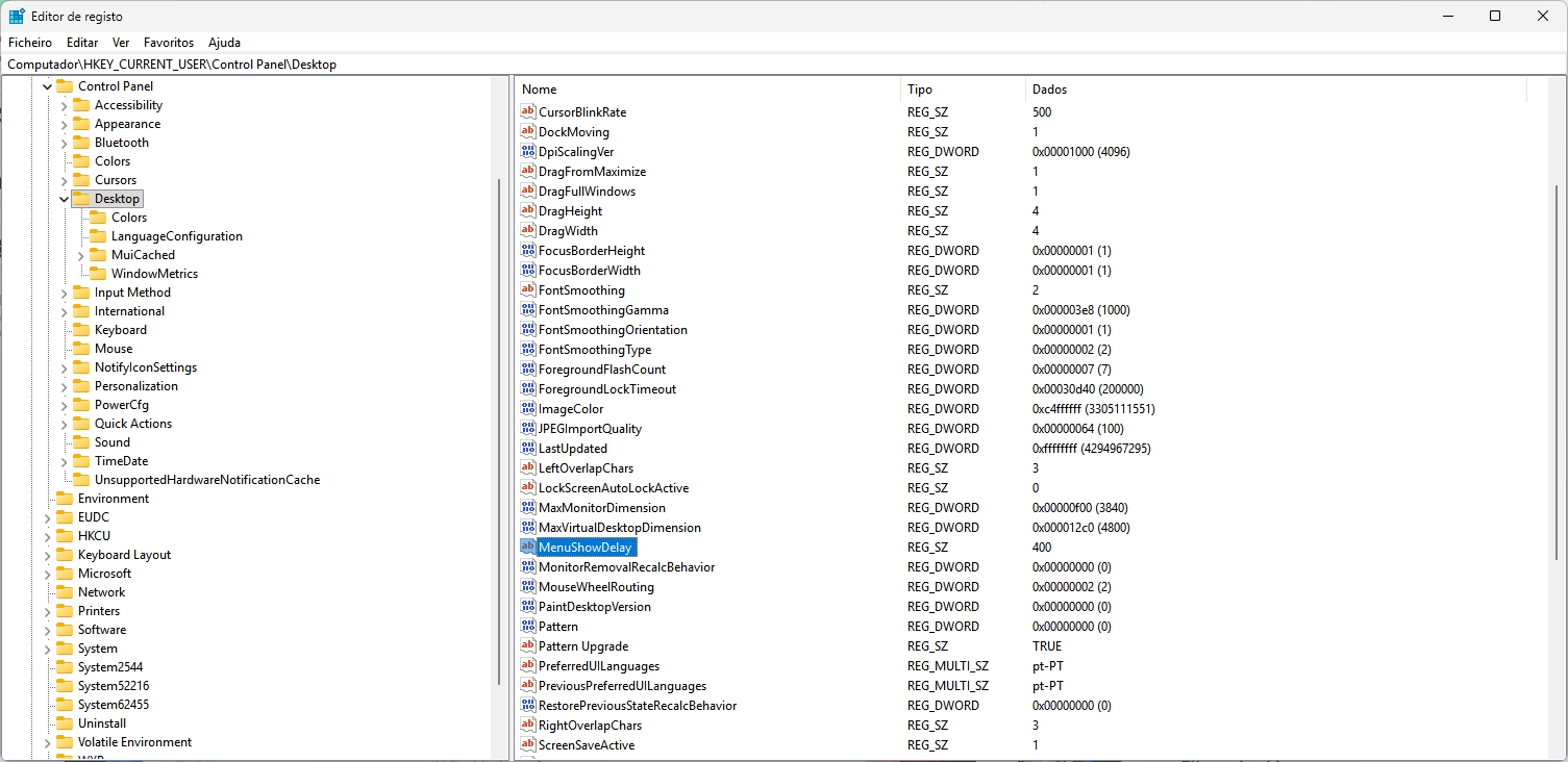 Registo do Windows com opção para tempo de menus