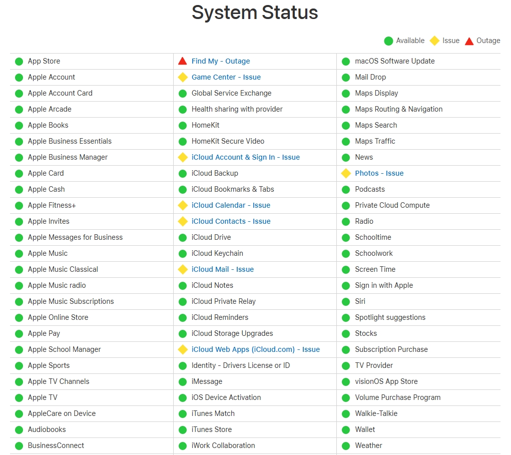 serviços da Apple afetados