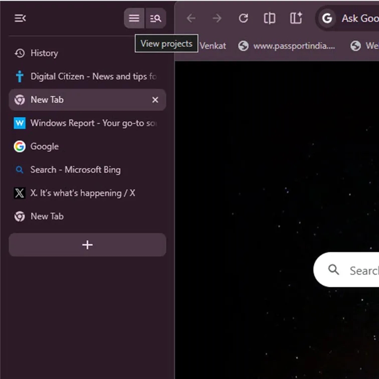 Abas verticais com projetos no Chrome