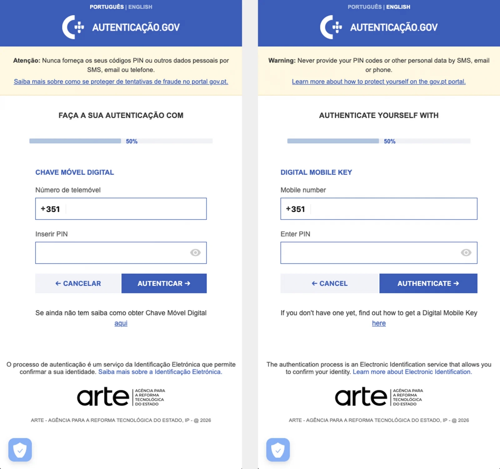 falsas páginas de login na chave móvel digital