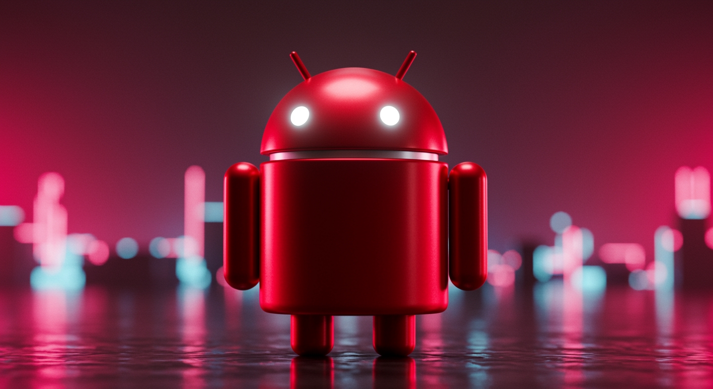 Android com cores futuristas vermelhas, associadas a malware