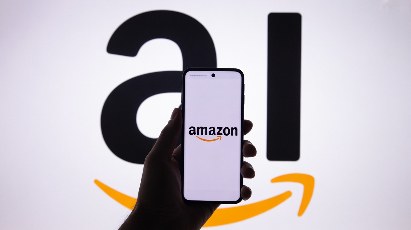Dispositivo com o logo da Amazon e IA no fundo