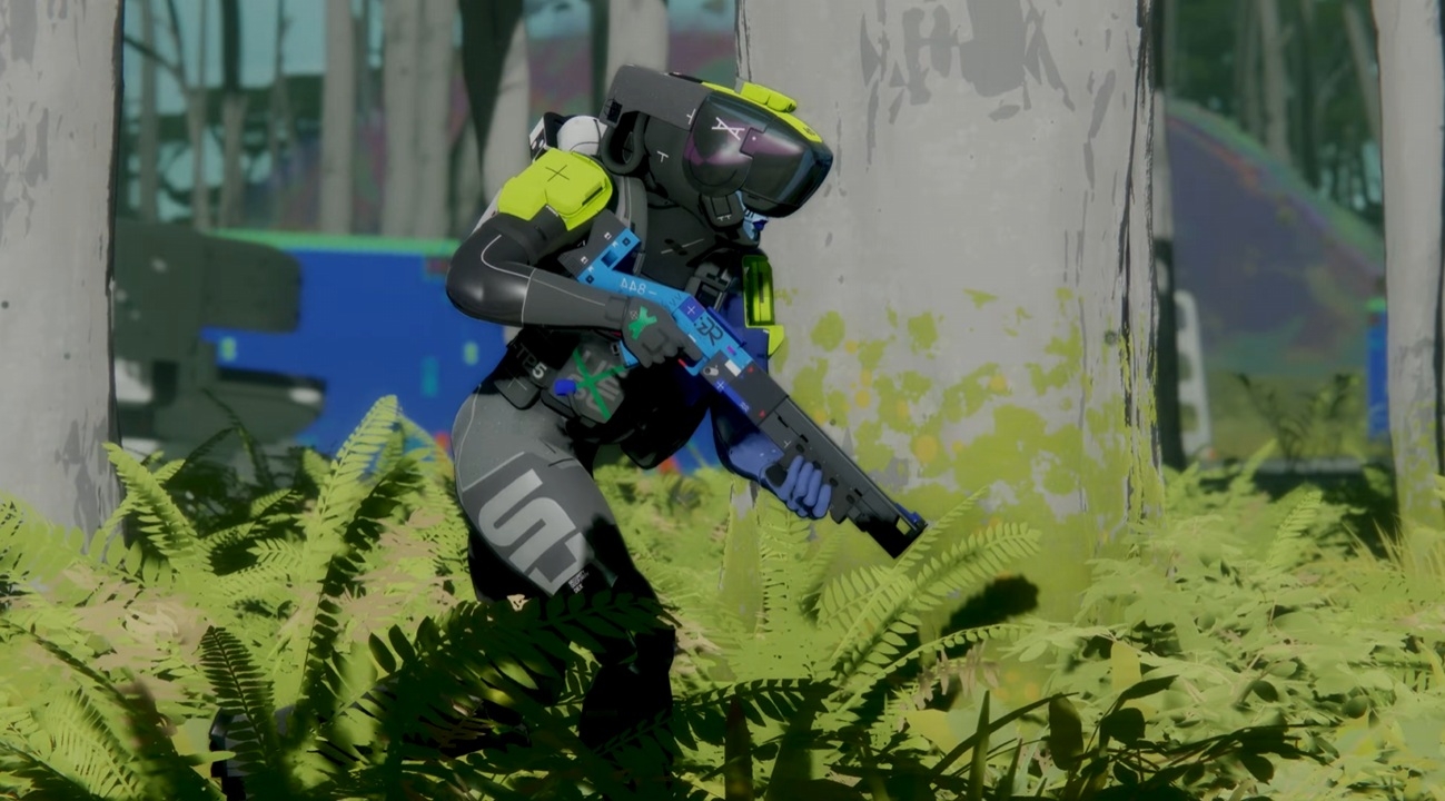 A person wearing a yellow and black suit is holding a blue gun.