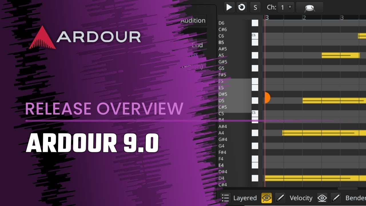 A tela de um software de edição de áudio, com uma lista de notas musicais e uma barra de seleção.