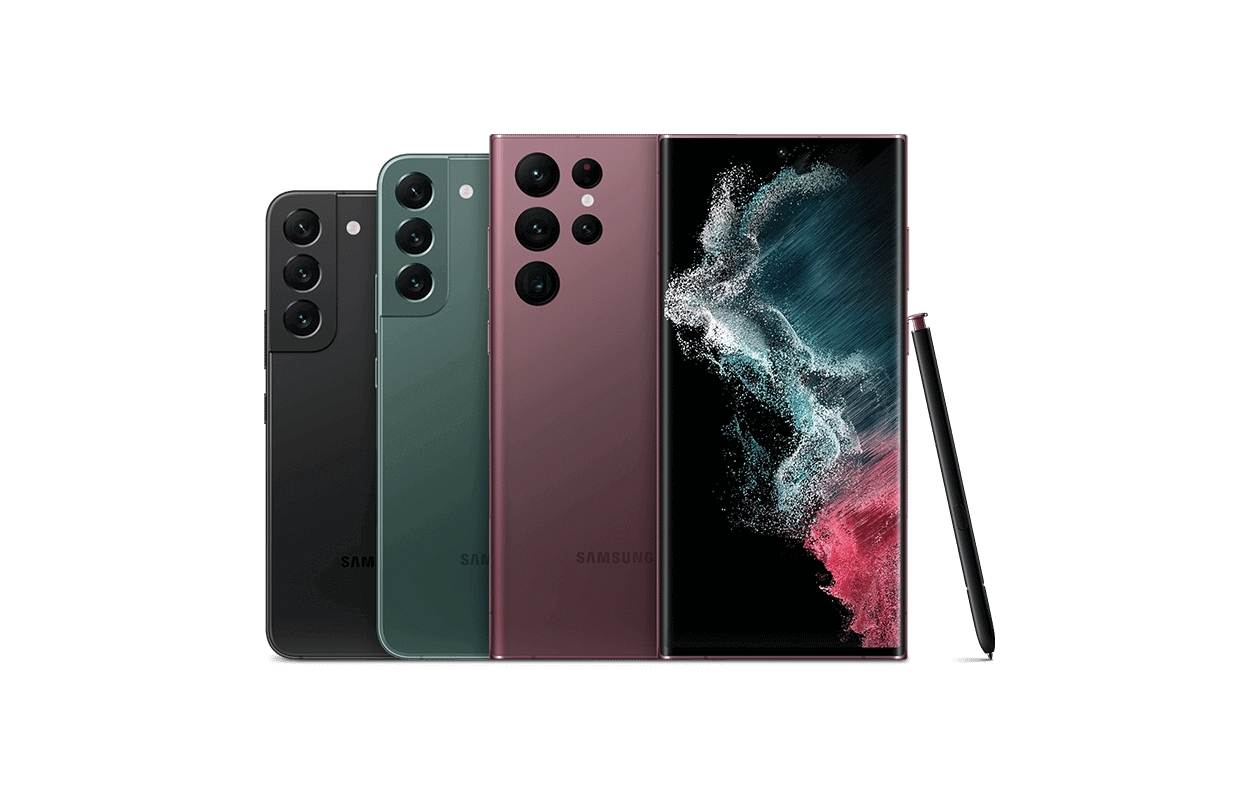 A imagem mostra um celular Samsung com uma tela de cor rosa.