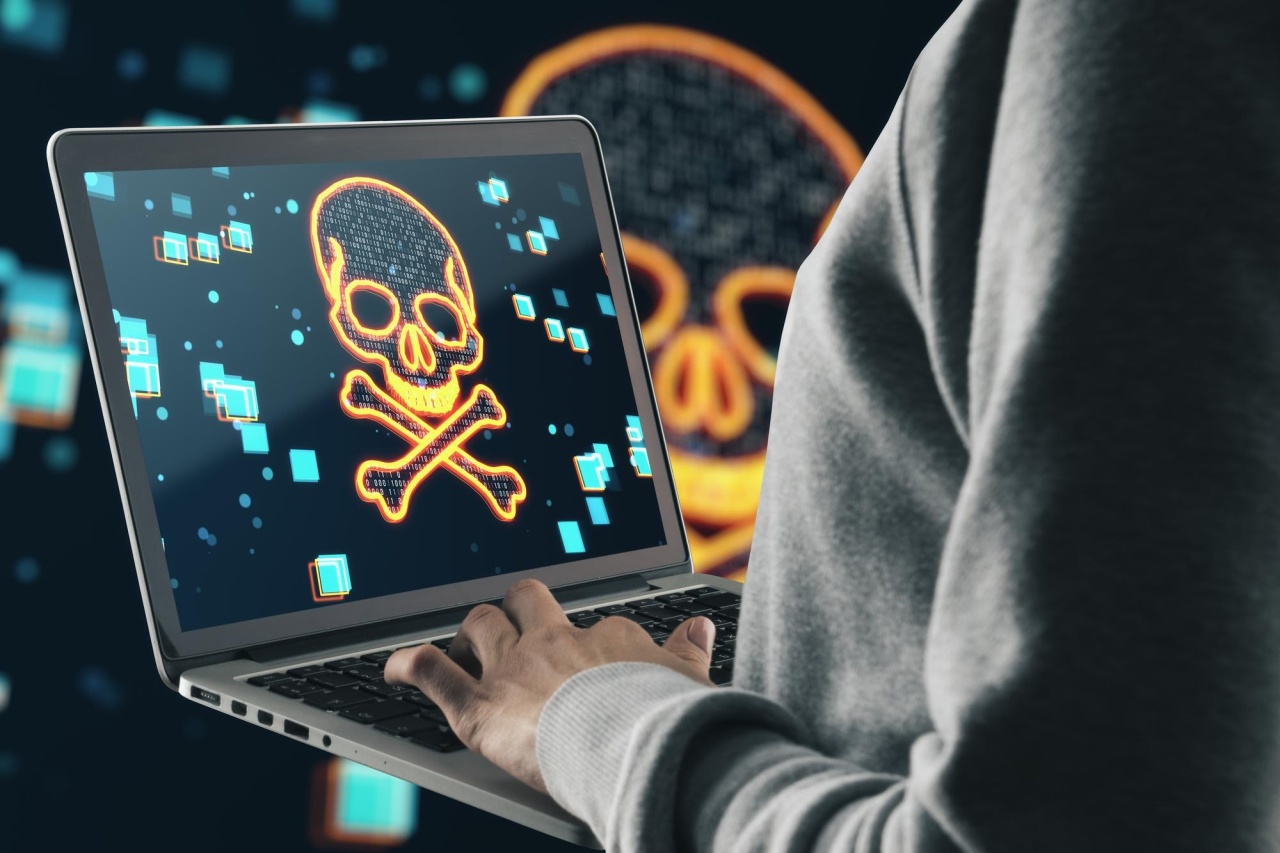 A pessoa está usando um laptop com uma imagem de um skull no ecrã.