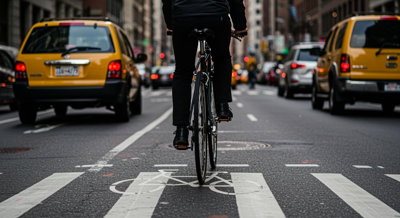 A pessoa está a montar um bicicleta na rua.