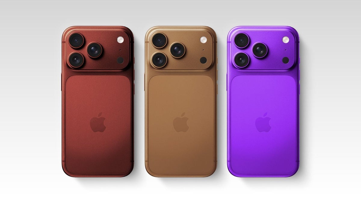 A imagem mostra um smartphone com câmera frontal e traseira, em três cores diferentes: vermelho, beige e purpuro.