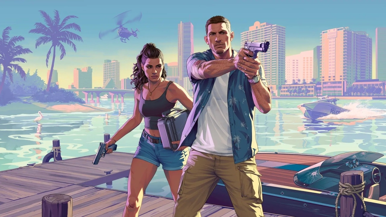 A imagem mostra um homem e uma mulher armados com pistolas, em um cenário marítimo.
