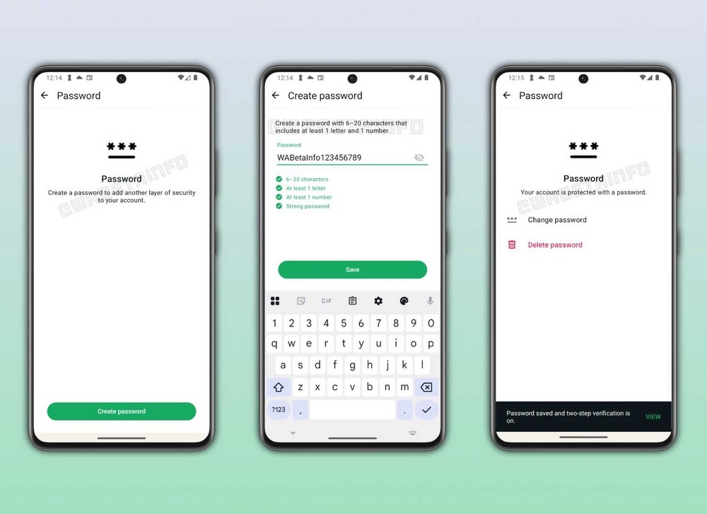 A imagem mostra três telões mostrando diferentes etapas de criar uma senha. Cada telão tem uma tela com um teclado e um botão "create password".