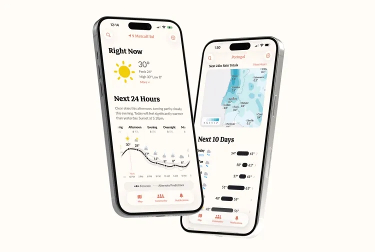 A imagem mostra dois celulares com tela de tempo, mostrando as condições climáticas para Portugal.