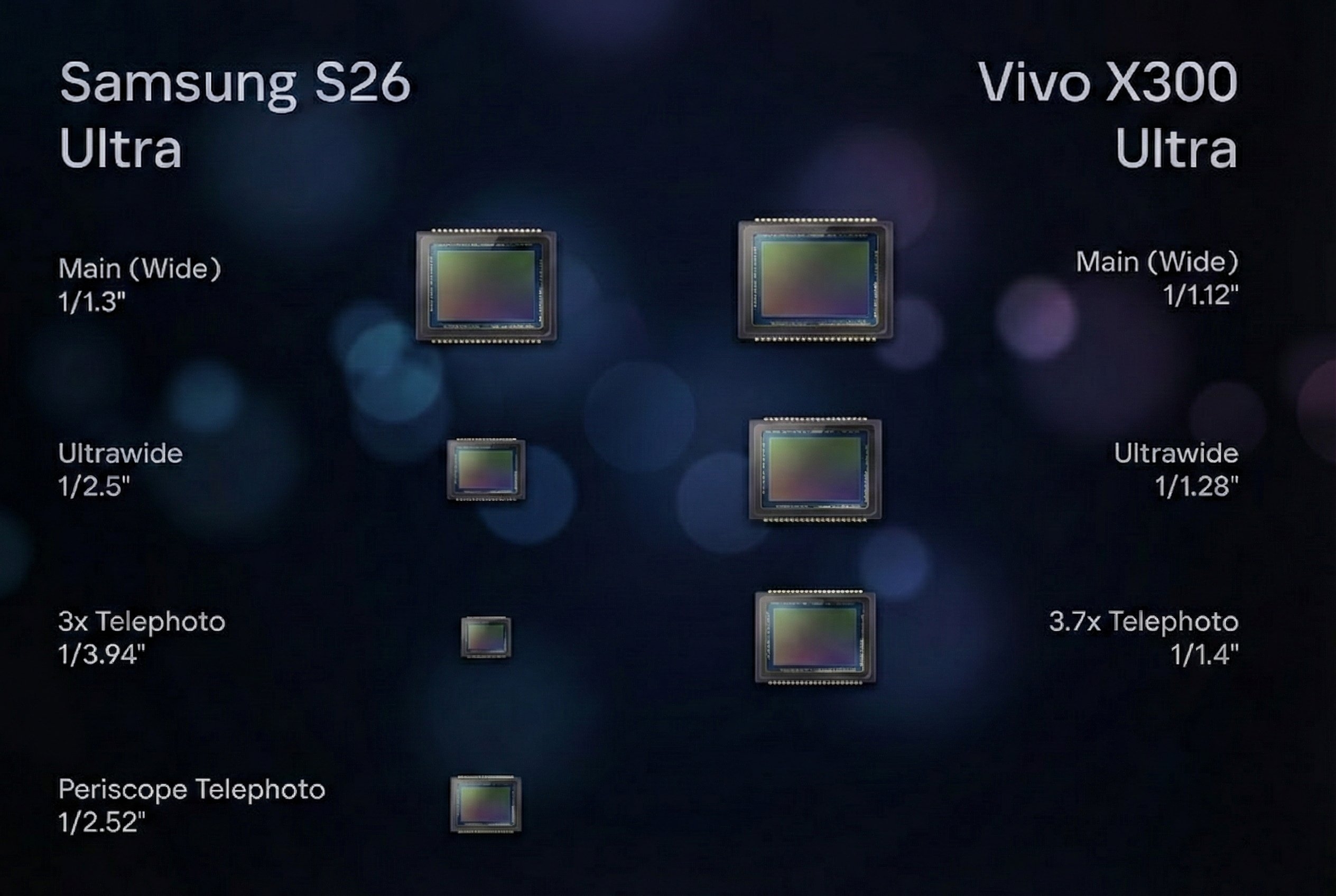 comparação de sensores em diferentes dispositivos da samsung e vivo
