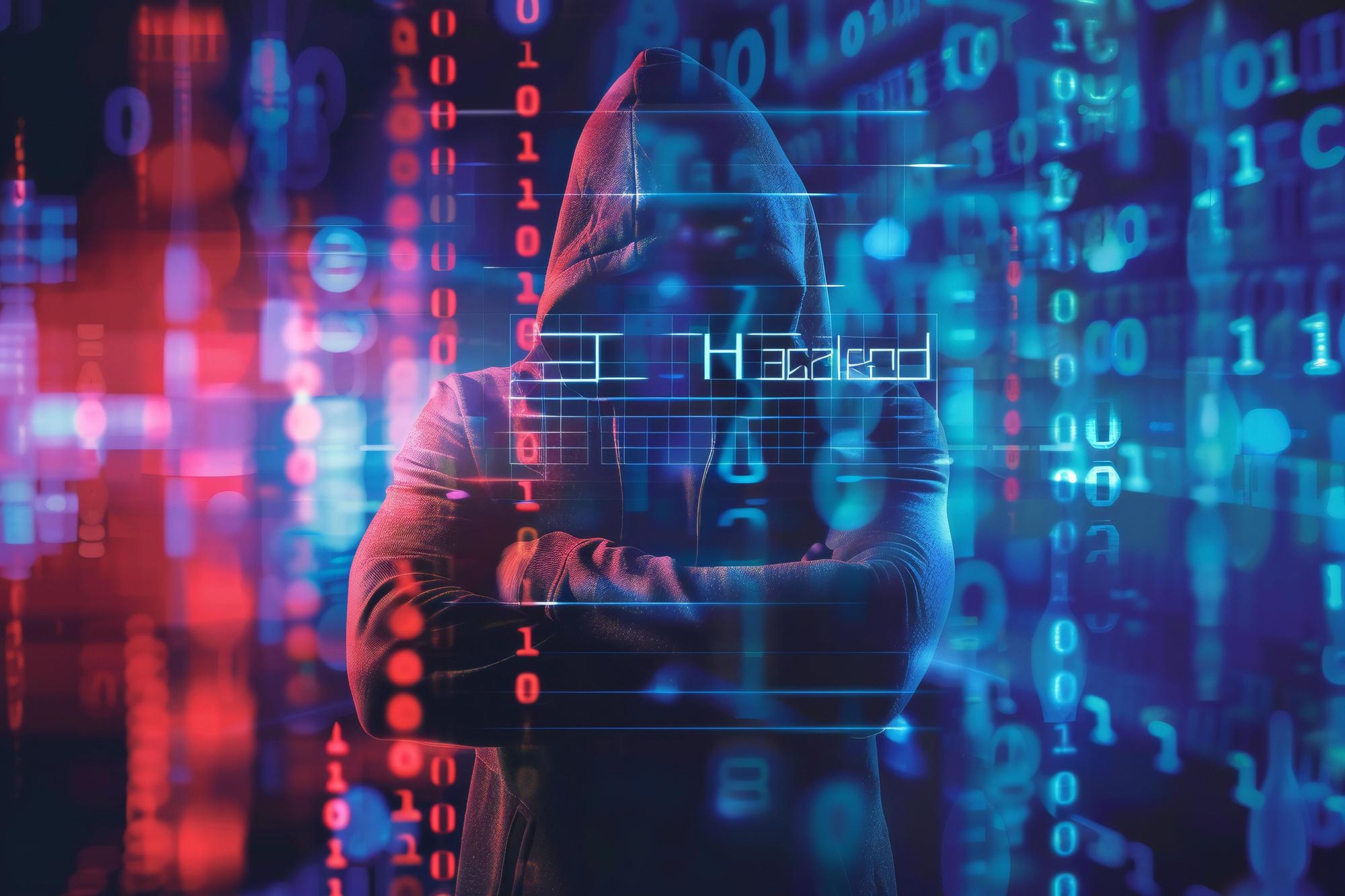hacker em frente de computador em fundo digital binário