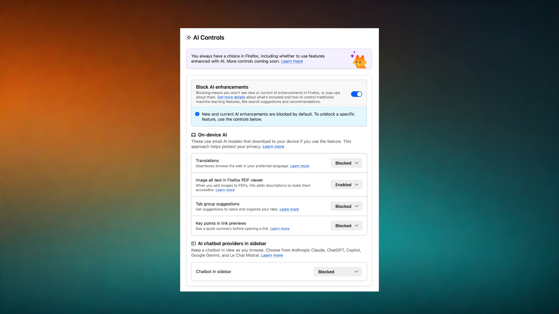 controlos de ia do firefox