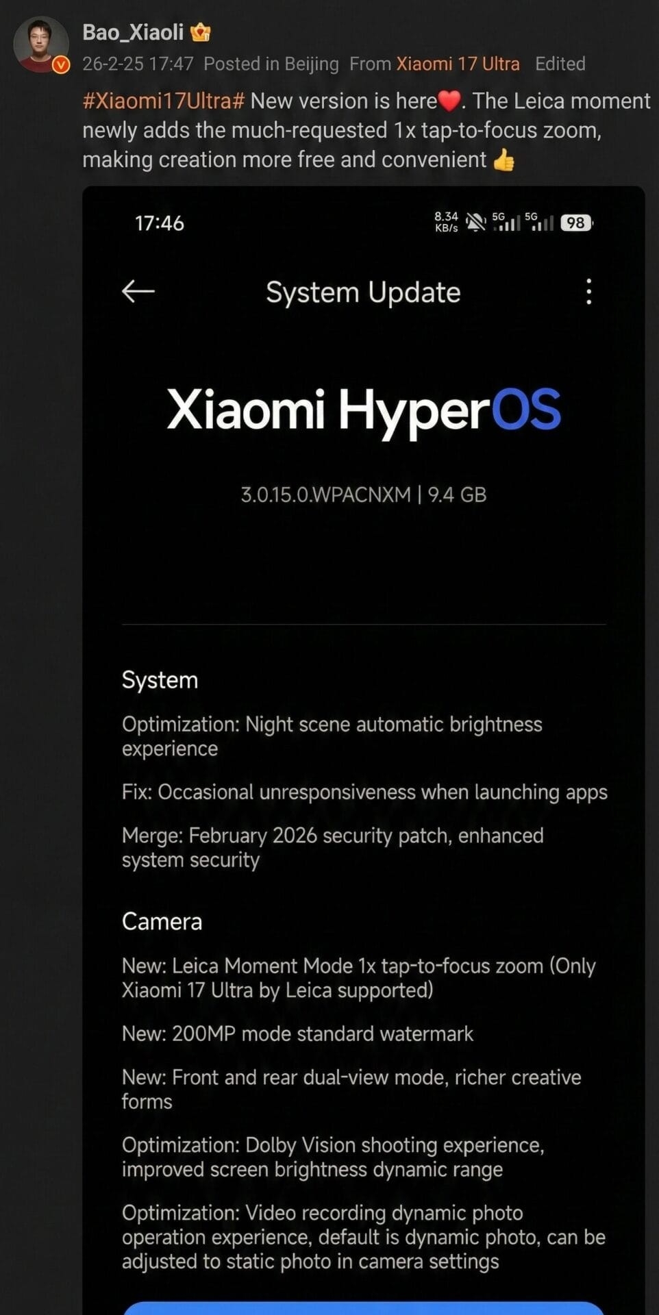 detalhes da atualização