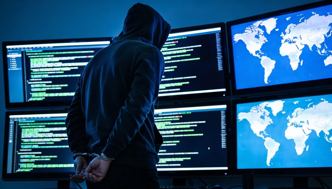 hacker preso em frente de computadores