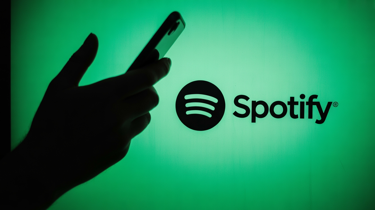 spotify logo em fundo com pessoa a usar smartphone