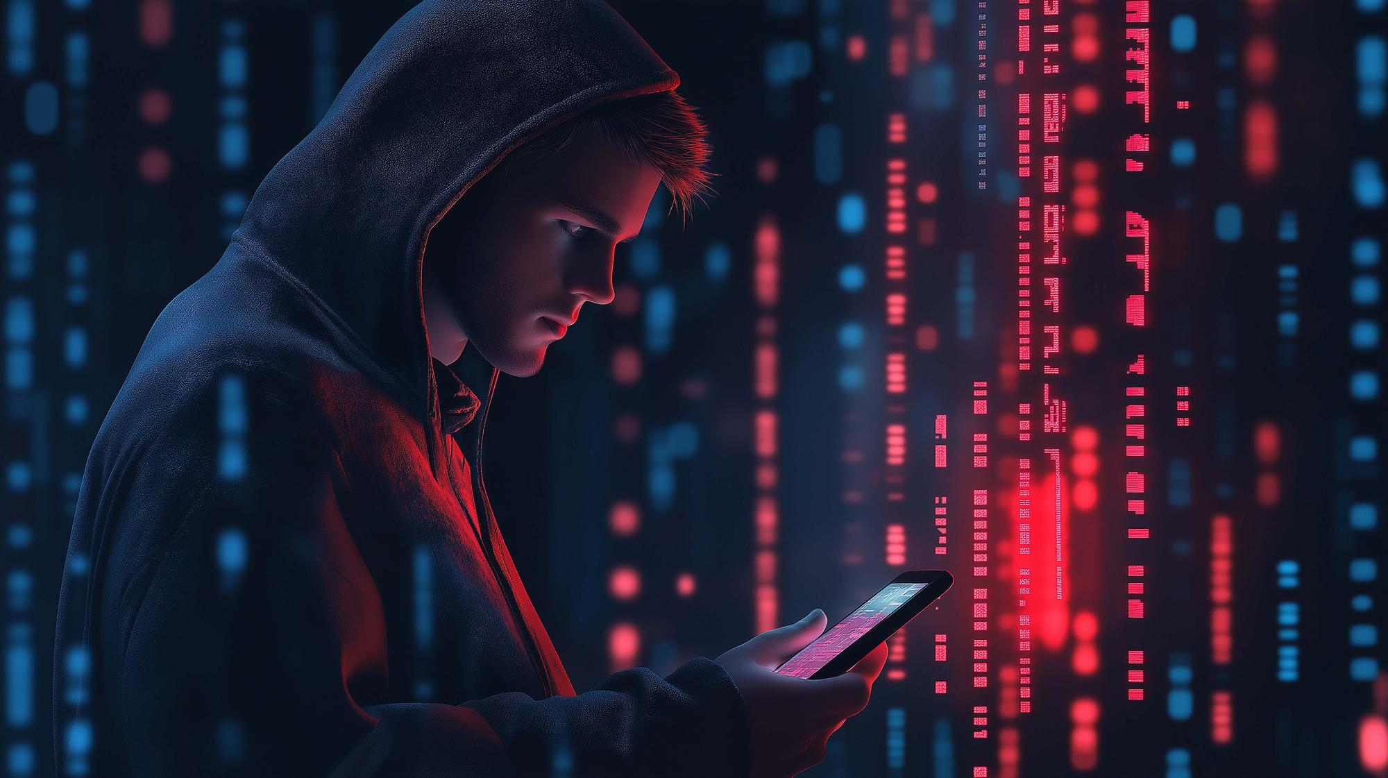 hacker com smartphone em fundo digital