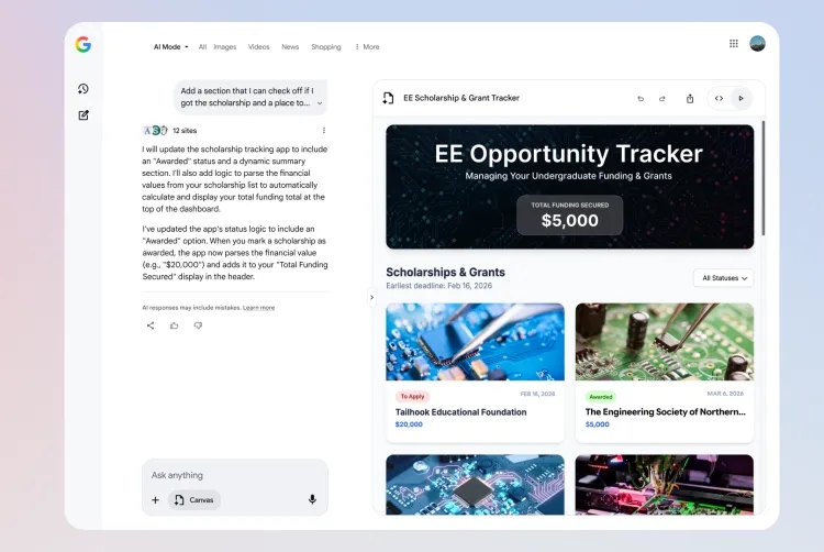 Canvas na pesquisa da google em modo de IA