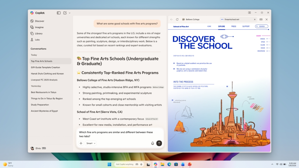 Windows com copilot a ativar funcionalidades no navegador
