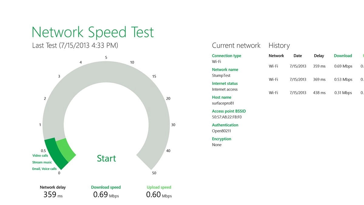 App nativa de speedtest do Windows 8