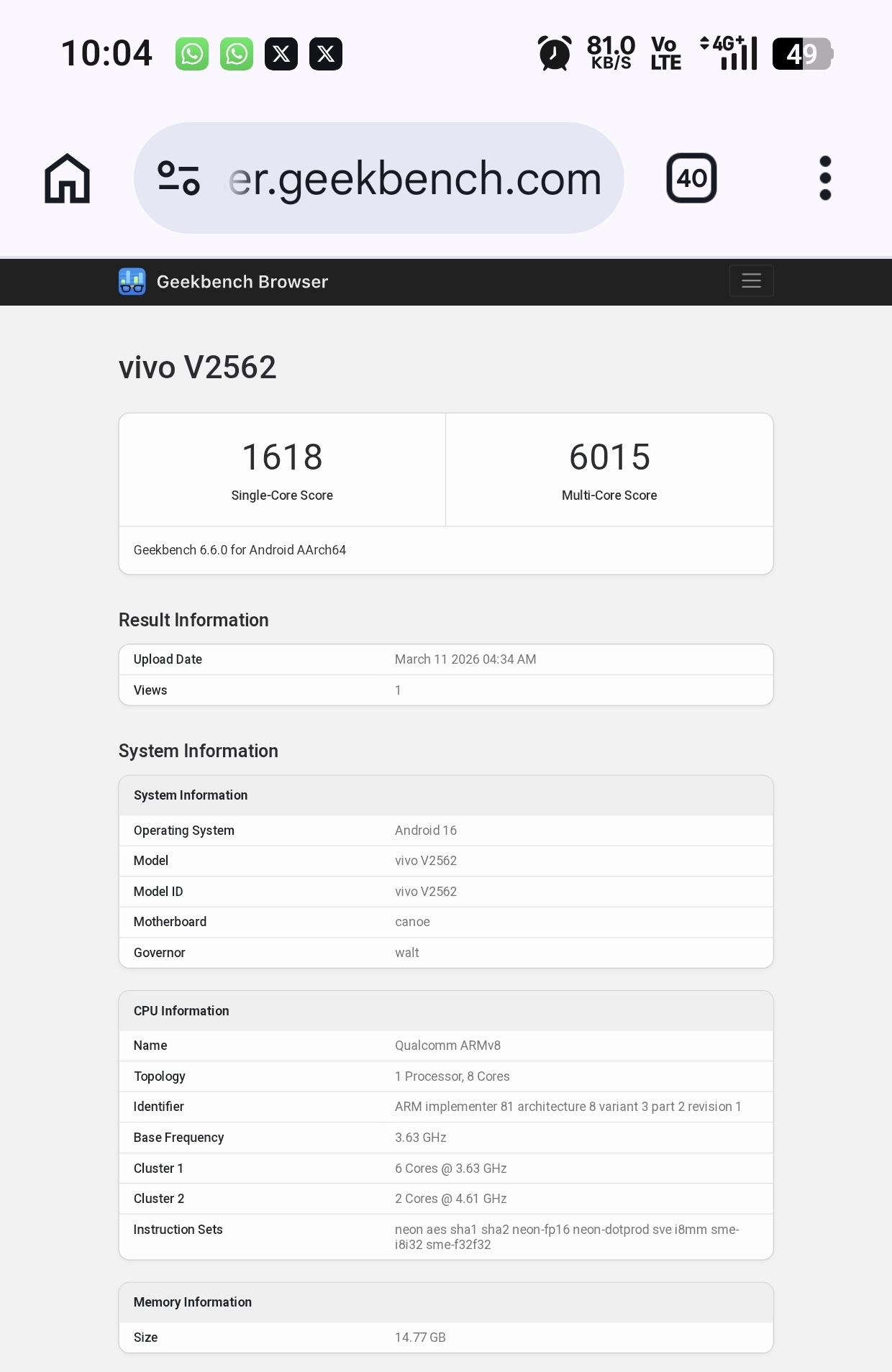 detalhes do teste de benchmark realizado ao Vivo X300 Ultra