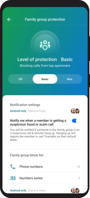 Truecaller com sistema de identificação de spam para familiares